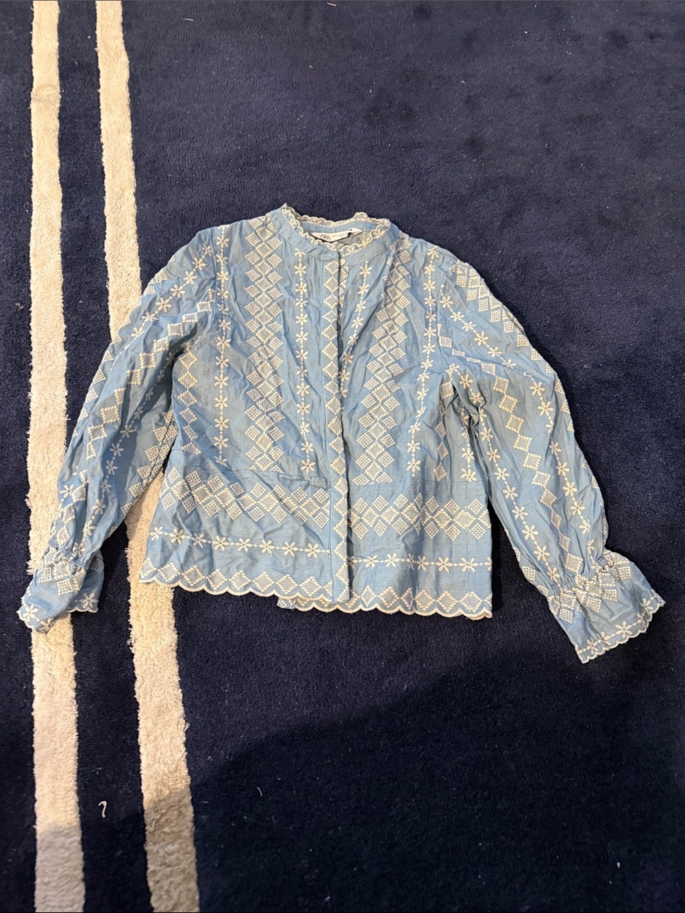 Zara Light Blue Embroidered Ruffle-Cuff Blouse - Picture 3 of 4